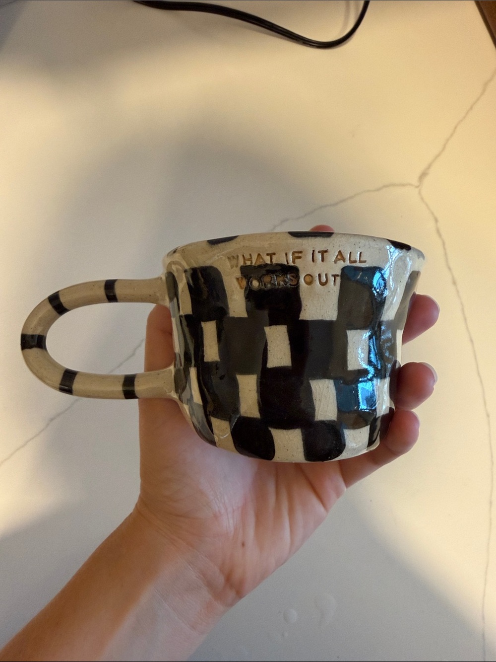 Handmade Black & White Checker Ceramic Mug - Inspirational Text